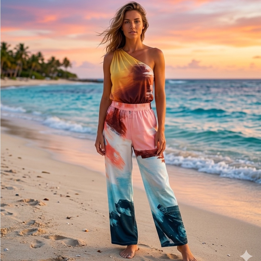 SHEIN Ombre Wide-Leg Jumpsuit Pants in Coral, Teal & Navy